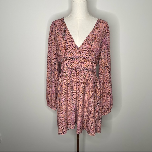 Zara Printed Mini Dress Pink Black Elastic Empire Waist Flowy Large - Picture 3 of 6